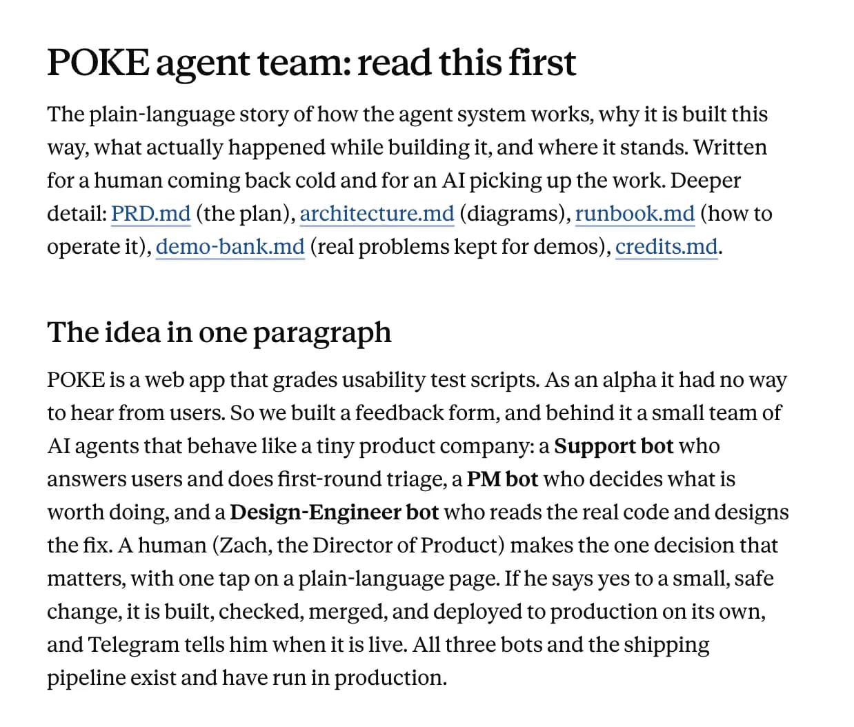 A page from the project’s read-this-first document, describing the idea in one paragraph.