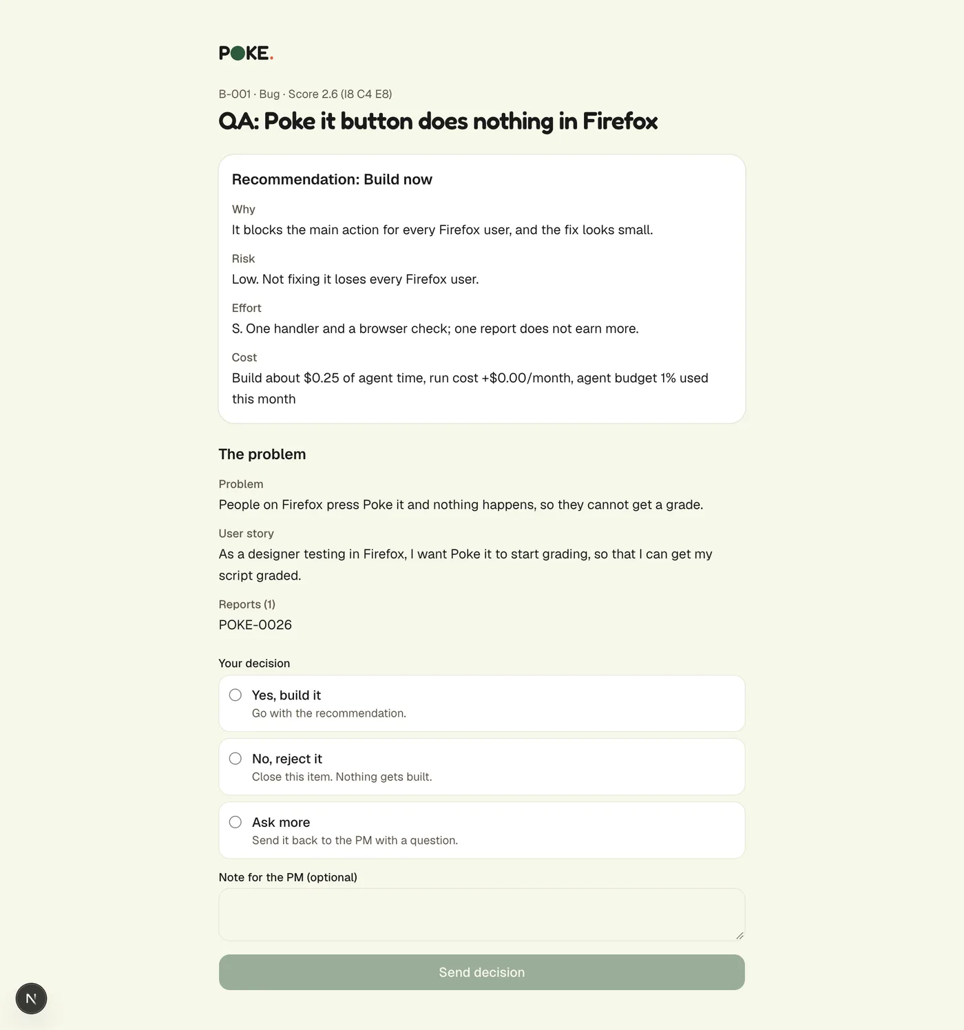 The first draft of the decision page, with shorthand like Effort S and a risk that describes not fixing the problem.