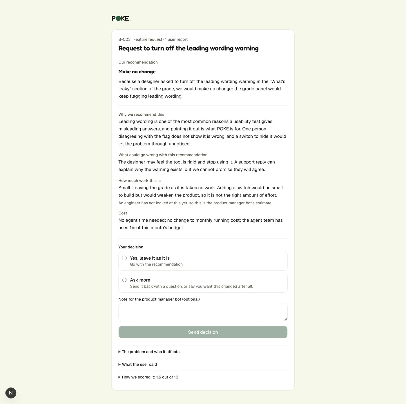 The rewritten decision page, with a plain recommendation, a sentence about what changes for people, why, what could go wrong, and how much work it is.