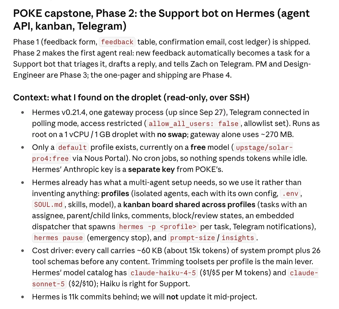 Claude’s plan for the Support bot, listing what it found on the server in a read-only look: the agent runtime, its profiles, and its kanban board.