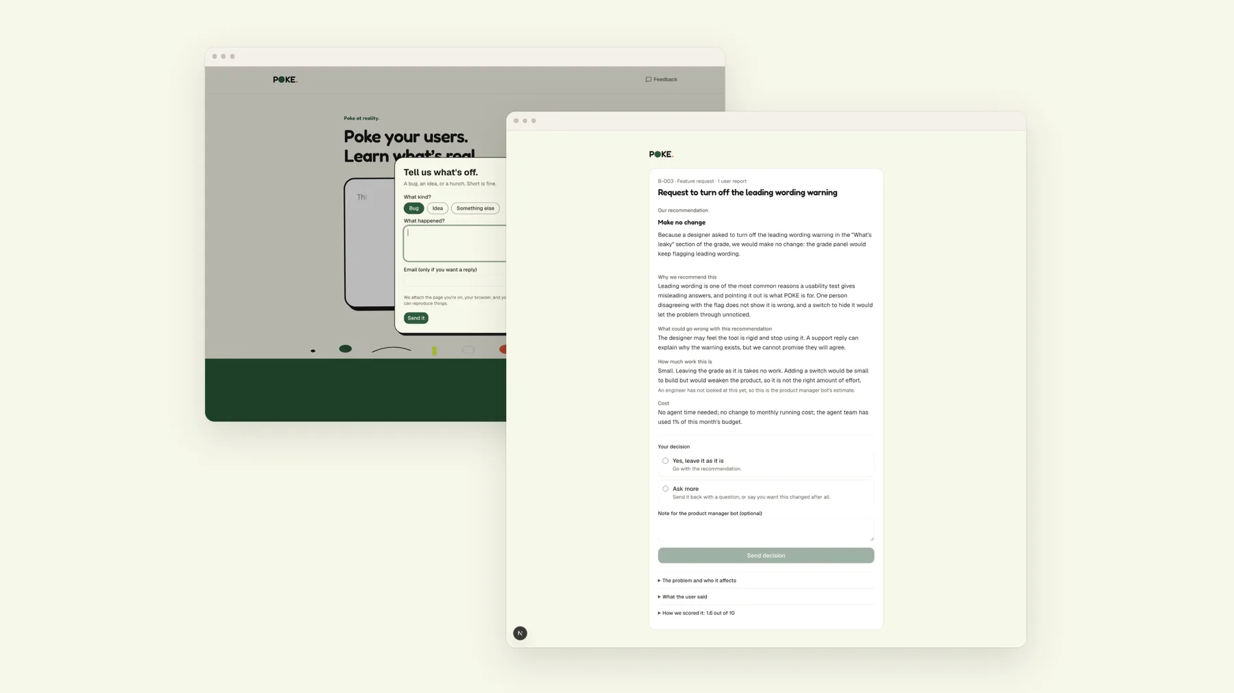 Two screens side by side: POKE’s new Feedback form, and the decision page that asks me to approve or reject a recommendation.
