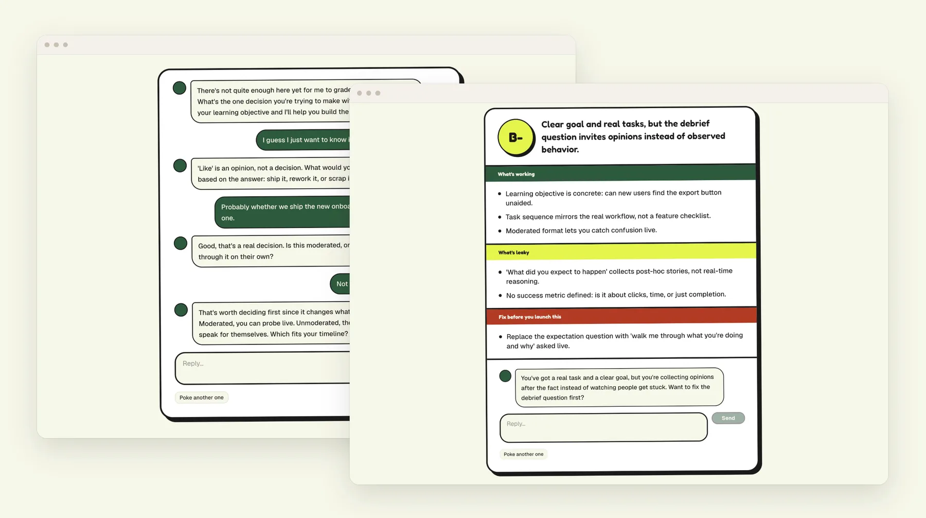 Two POKE screens: a chat where POKE asks what decision the test should inform, and a graded script with a B minus, what’s working, what’s leaky, and what to fix.