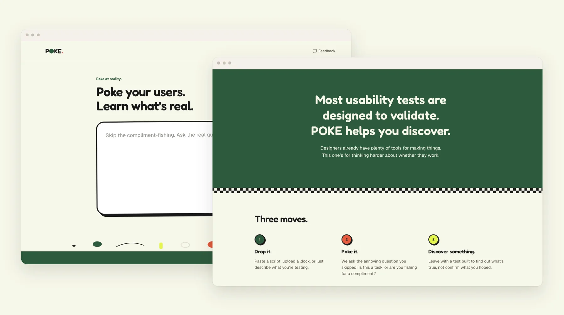 The POKE home page, with the headline Poke your users, learn what’s real, next to the section that reads Most usability tests are designed to validate. POKE helps you discover.