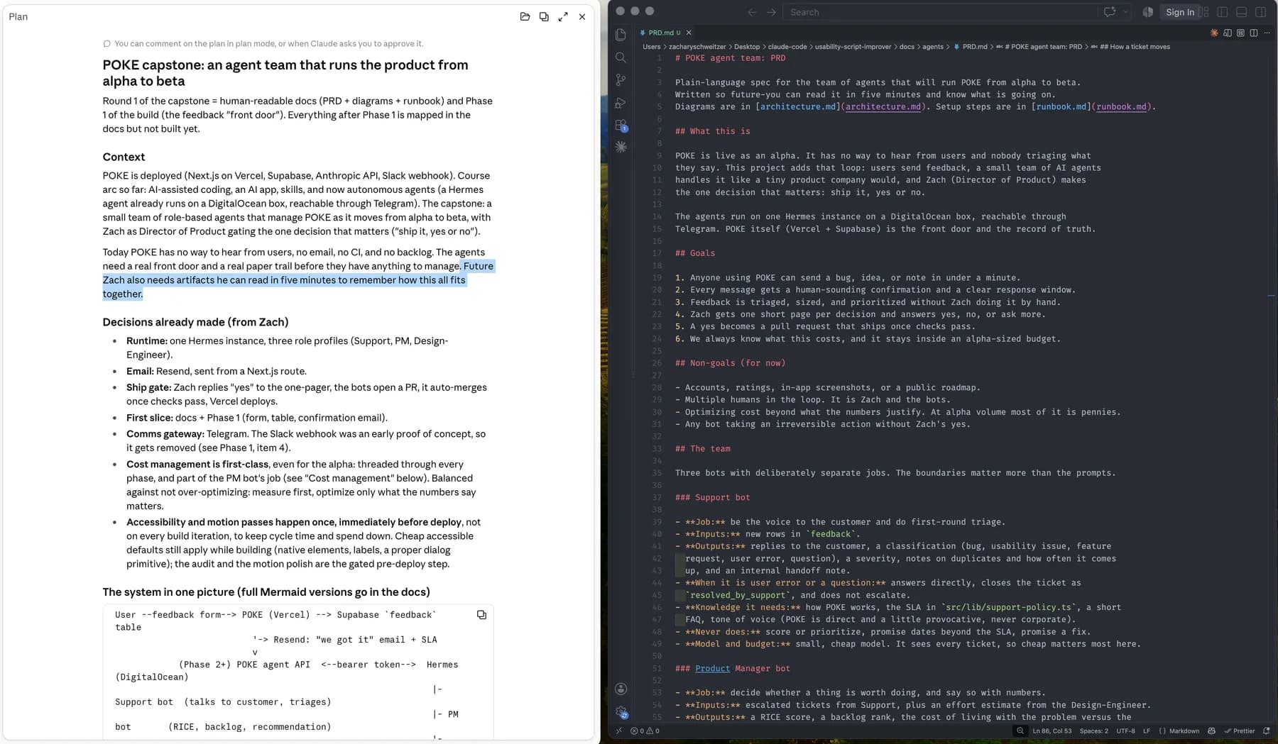 Claude Code’s plan on the left and the PRD it produced on the right.