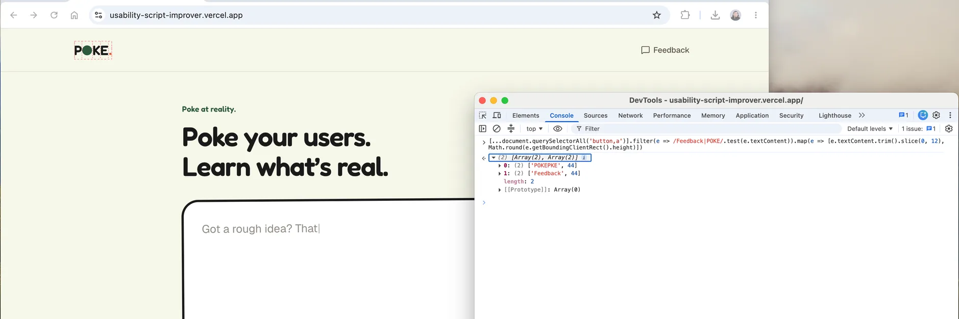 The browser console showing both the POKE logo link and the Feedback button at 44 pixels tall.