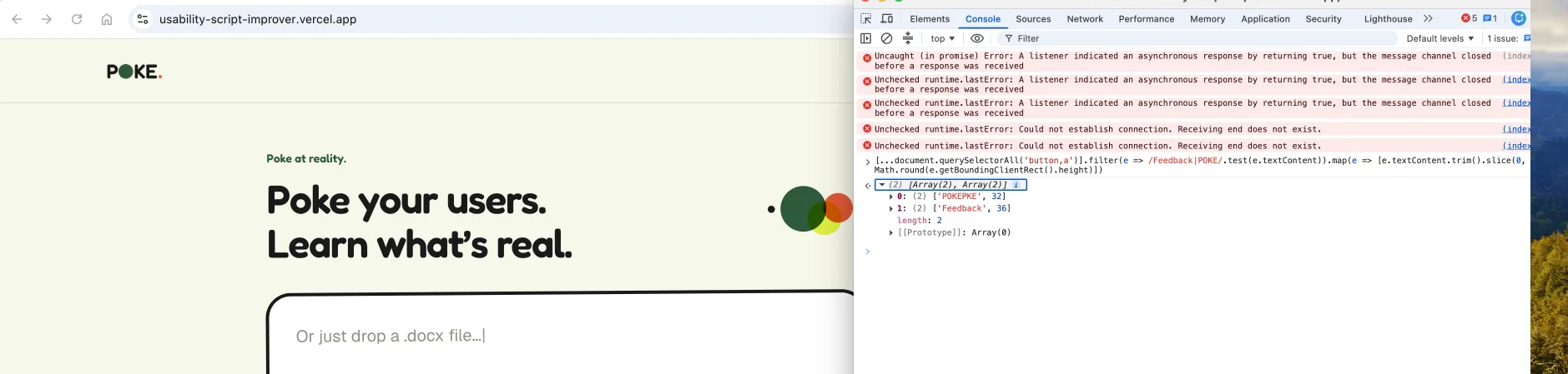 The browser console showing two heights: the POKE logo link at 32 and the Feedback button at 36.