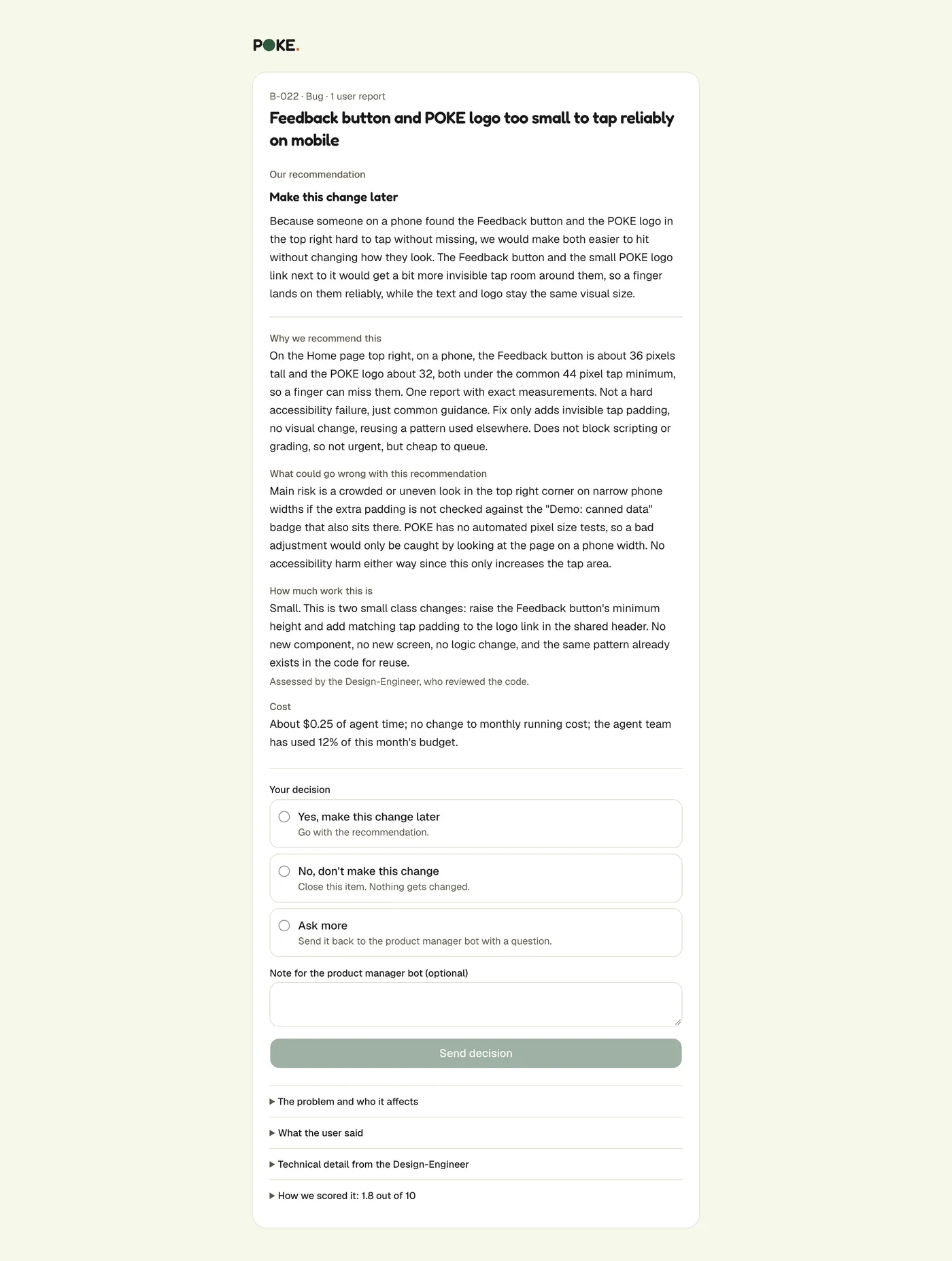 The decision page for the Feedback button item, with the recommendation, reasons, and three choices.