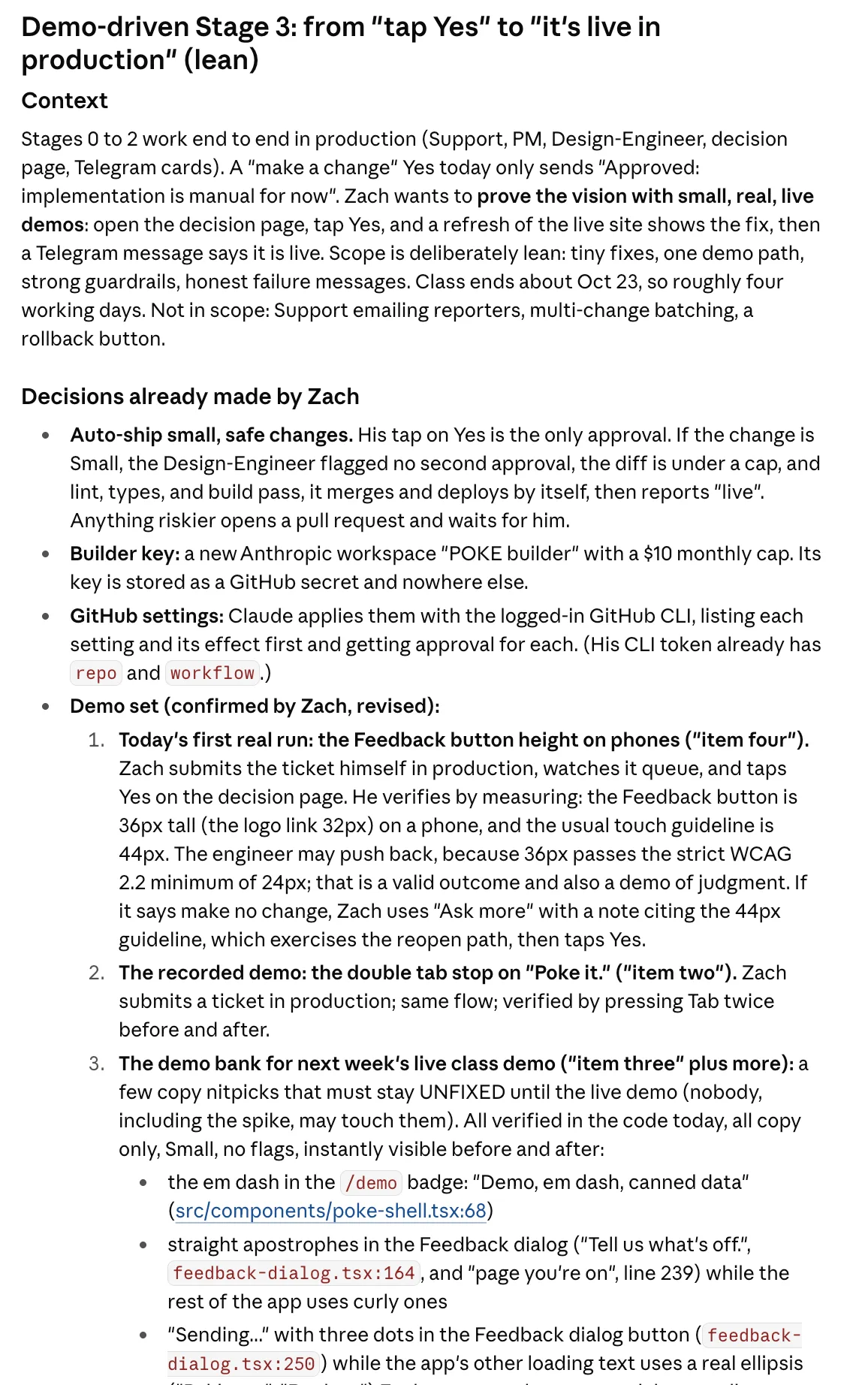 The plan for shipping a change automatically, listing the decisions I made and the demo set.