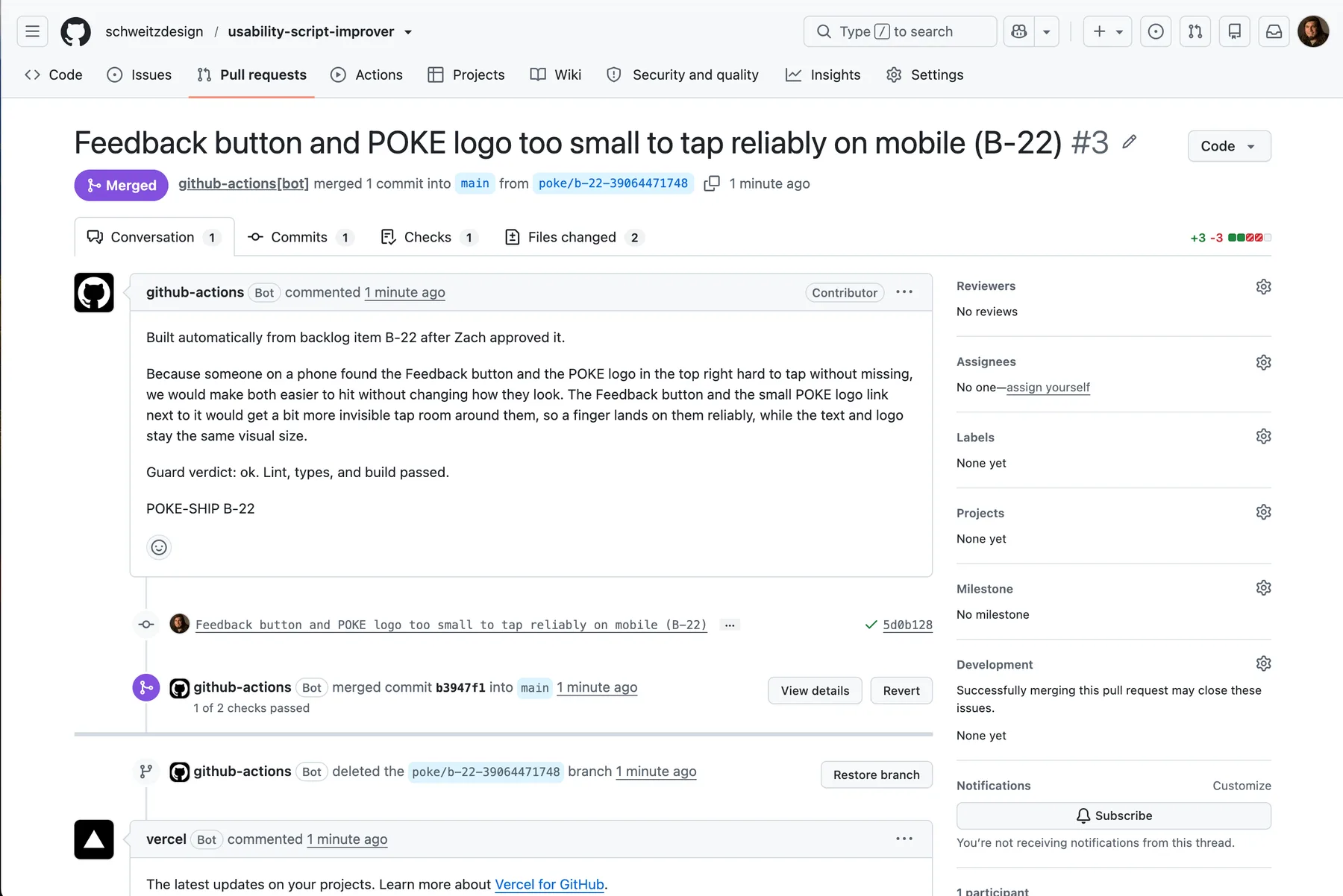A merged GitHub pull request by the GitHub Actions bot titled Feedback button and POKE logo too small to tap reliably on mobile, with 2 files changed.