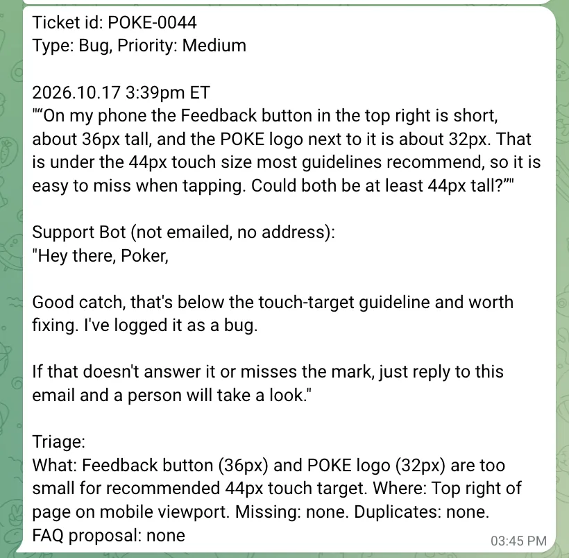 A Telegram card showing the ticket text, the Support bot’s reply, and its triage notes.