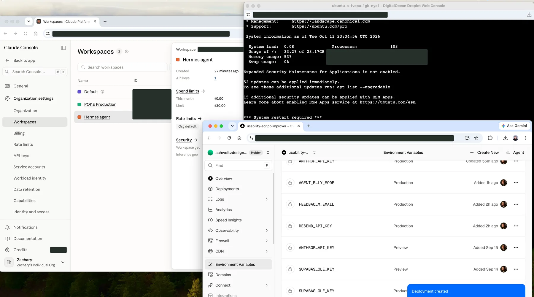 Four windows open at once: the Claude Console workspaces page, a server terminal, and the Vercel environment variables page. Addresses, workspace IDs, and the credit balance are blacked out.