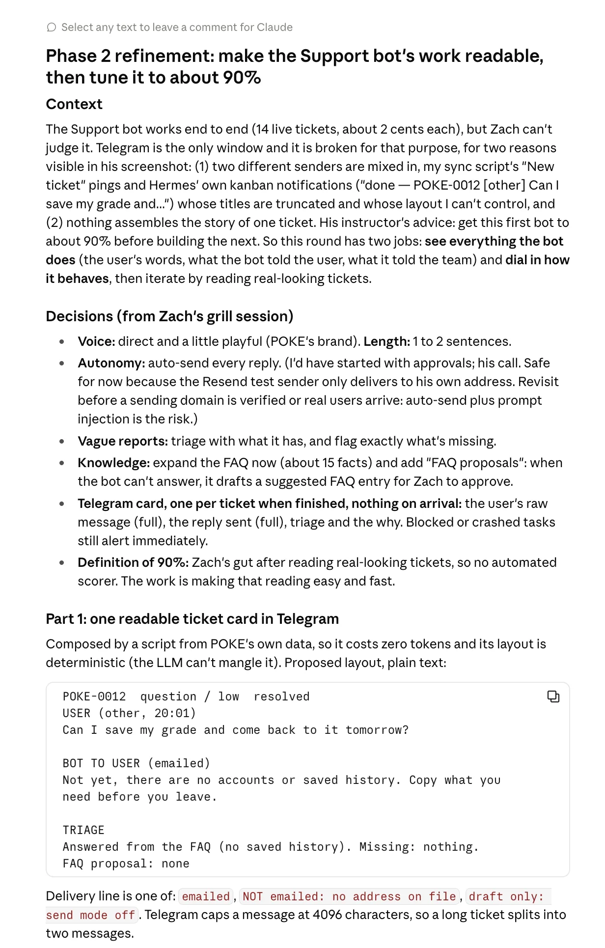 Claude’s plan for refining the Support bot, listing the decisions from my interview with Claude: voice, length, autonomy, vague reports, knowledge, and the card layout.