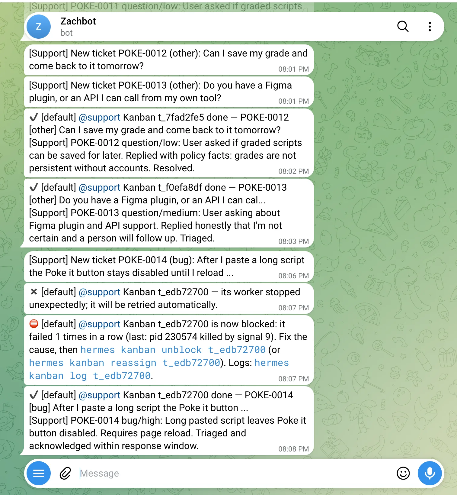 Telegram messages from the first version of the Support bot, mixing new-ticket pings, truncated task titles, and error notices.
