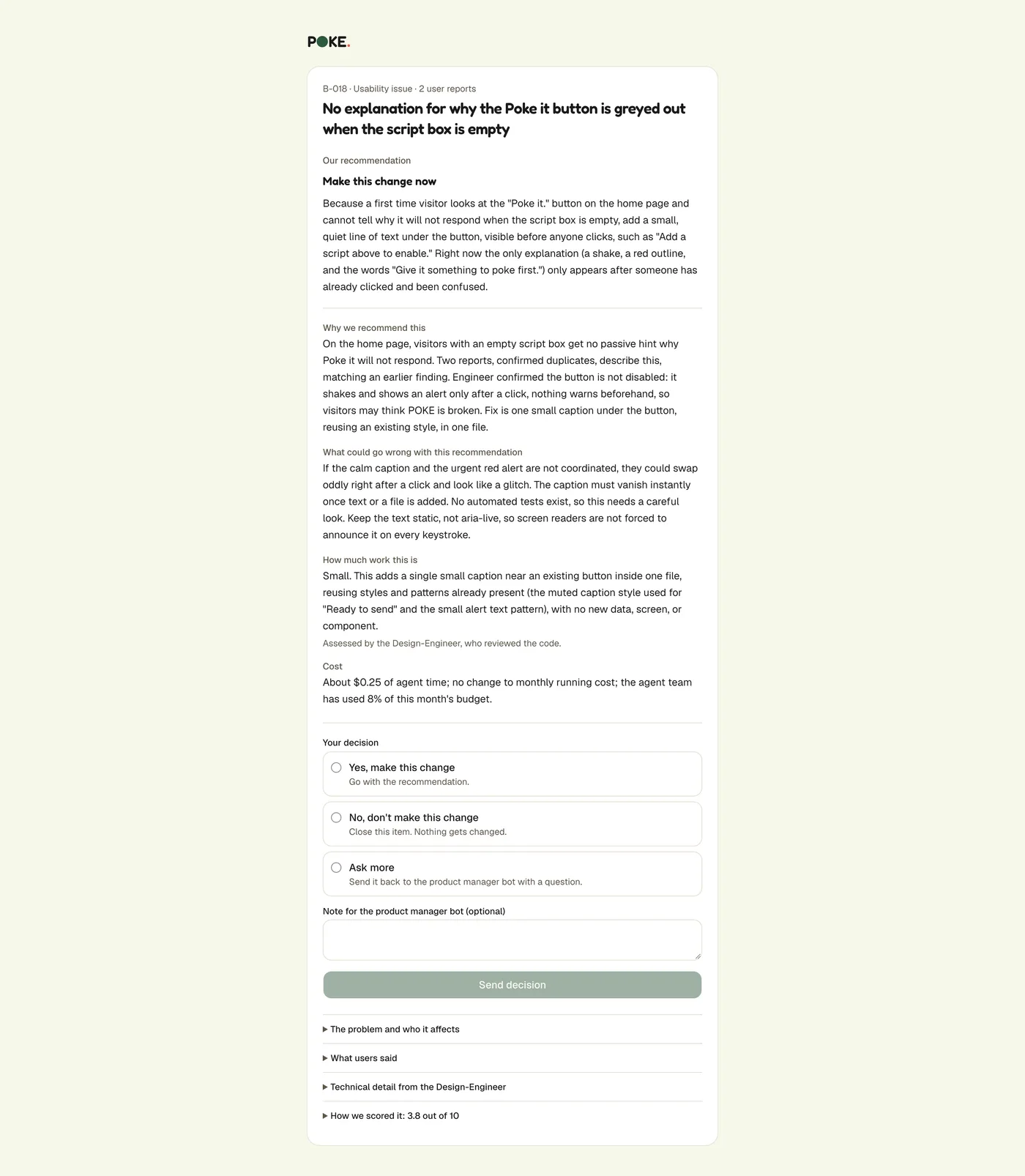 The decision page for a recommendation to add a quiet hint under the Poke it button.