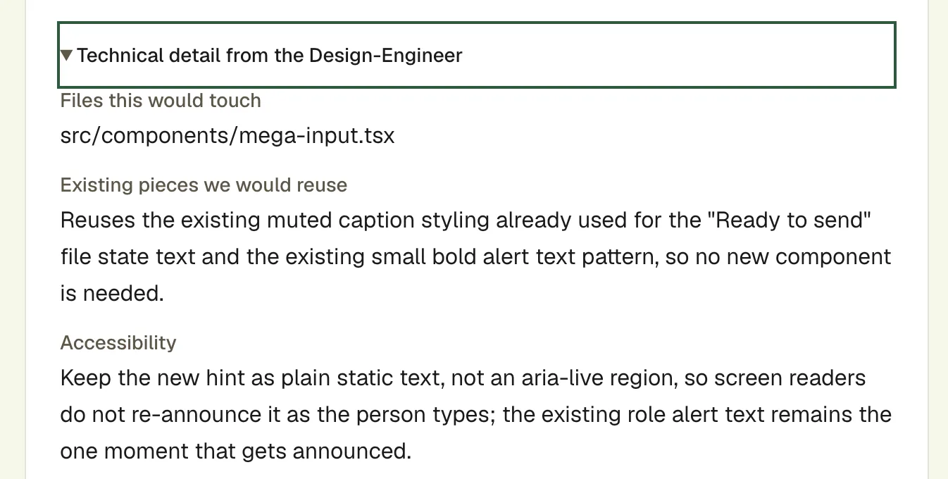 The folded technical detail from the Design-Engineer: the file it would touch, the existing pieces it would reuse, and an accessibility note.