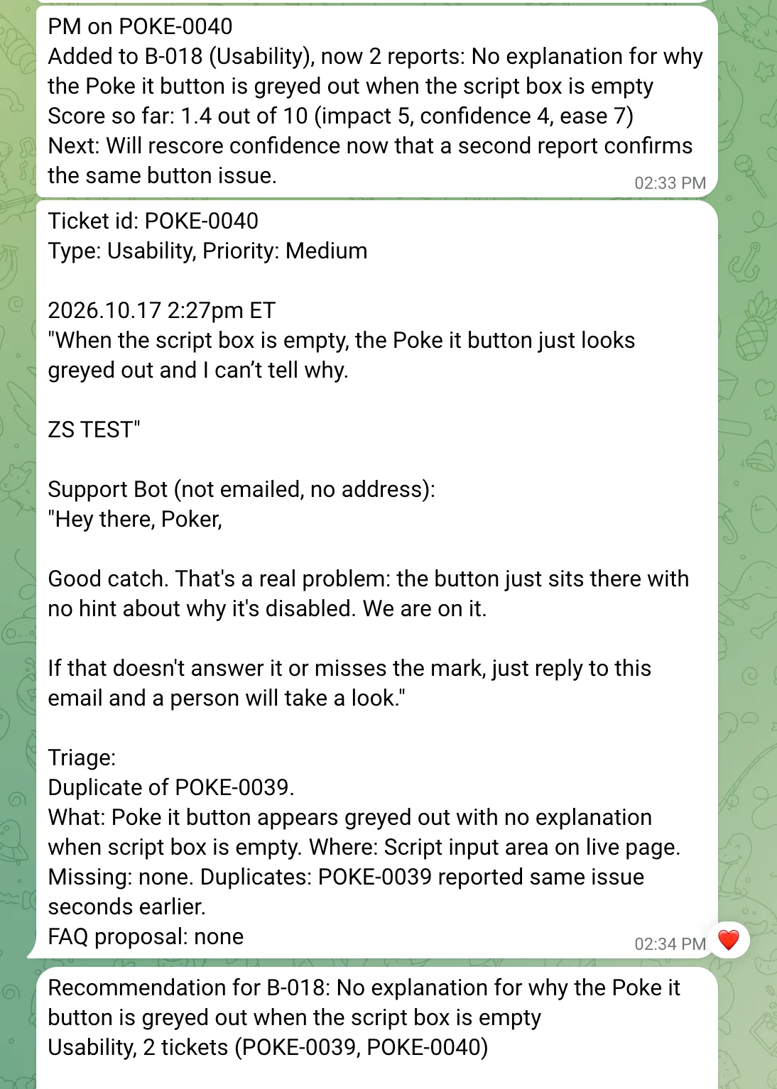 Telegram showing the PM bot adding a new report to an existing item, then the Support bot’s card marking the ticket as a duplicate.
