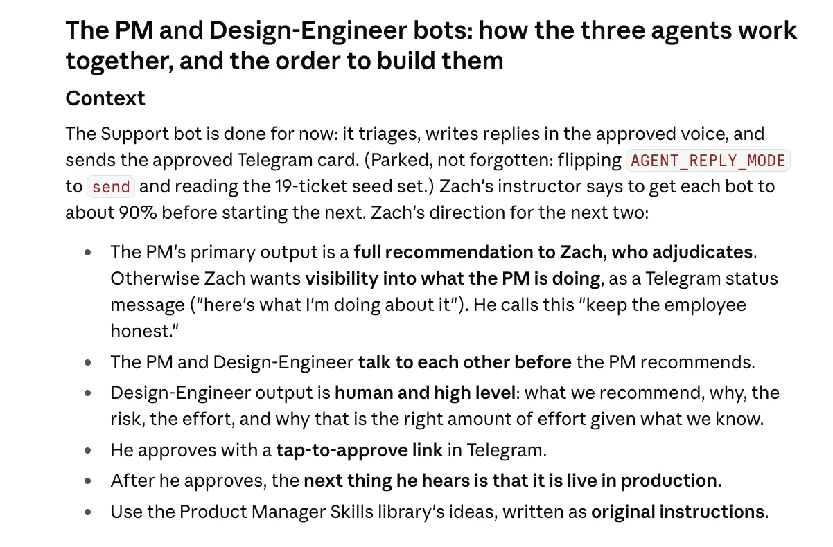 Claude’s plan for the PM and Design-Engineer bots, listing my direction for how the three agents work together.
